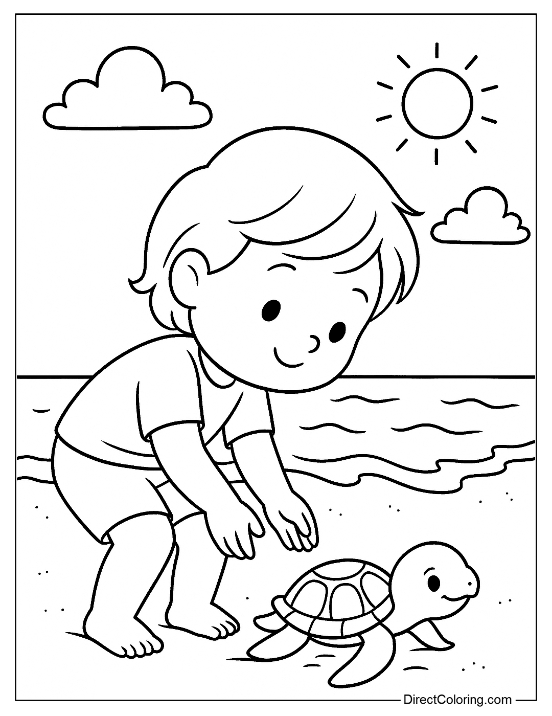 a beach coloring page with a baby gently bending down to help a baby turtle crawl toward the water.